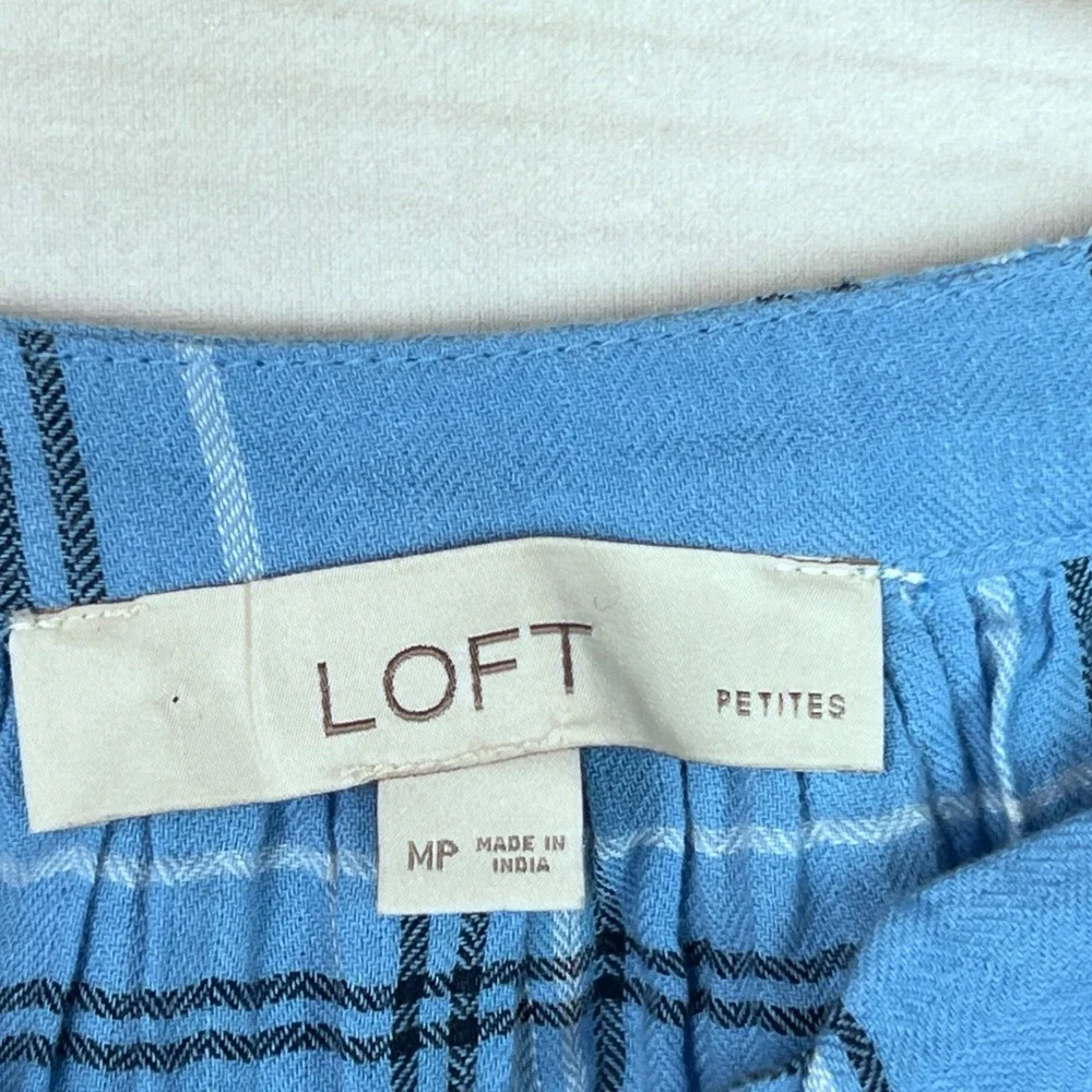 LOFT Top Womens PM Blue‎ Plaid Blouse Puff Sleeve Tie Neck Cotton Pullover Woven